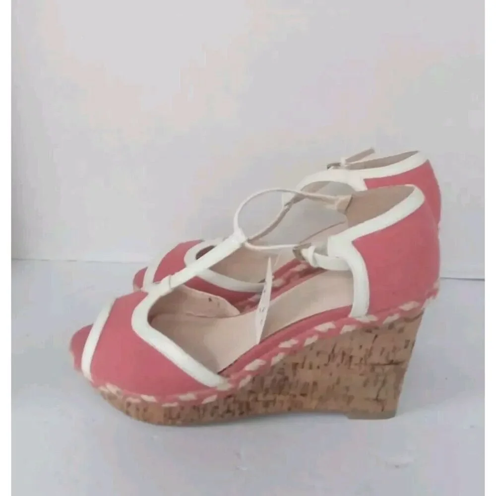 Retro Coral Pink White T-Strap Cork Wedge Sandal Peep Toe Summer‎ Shoes Size 9.5
